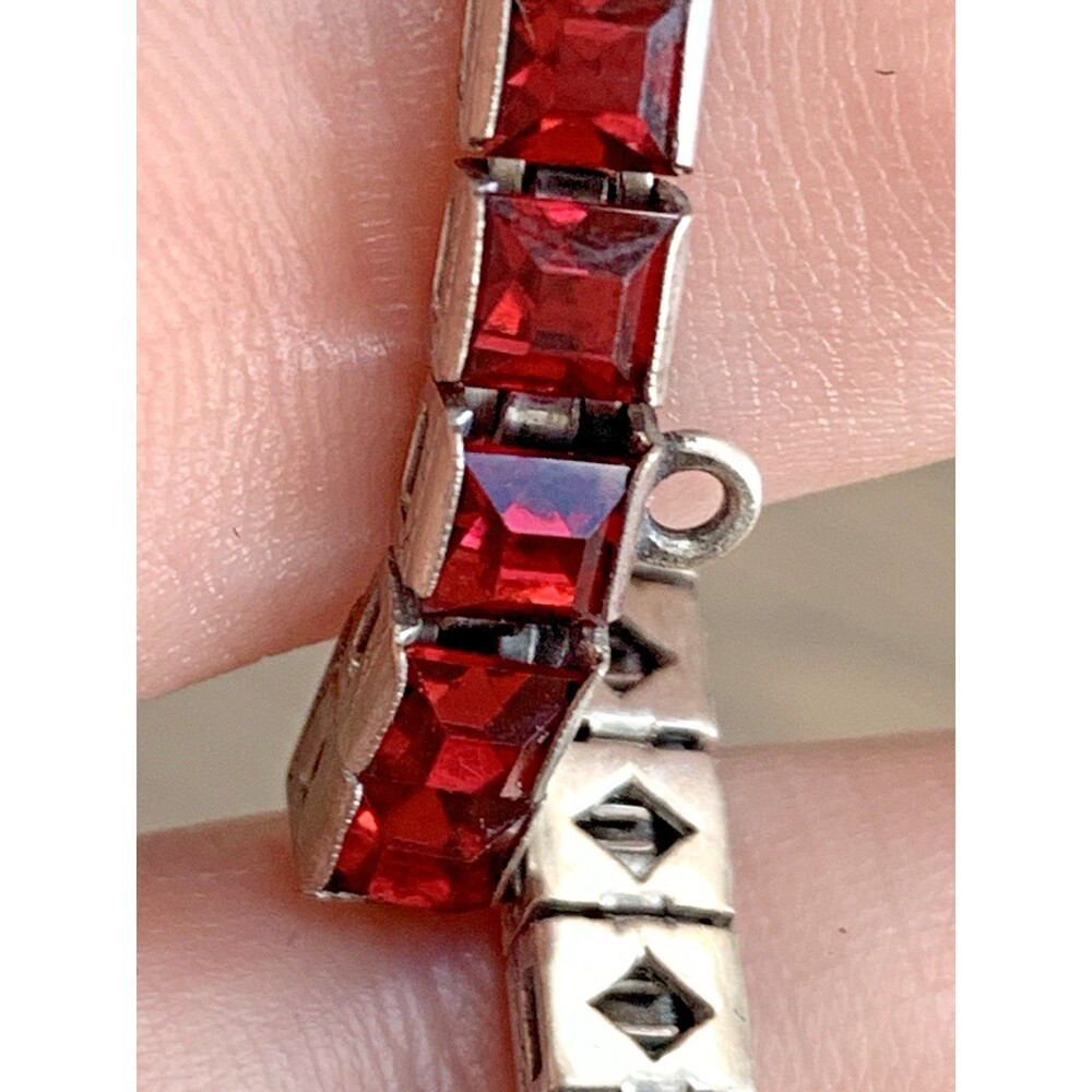 Vintage Red Rhinestone Tennis Bracelet 925 Sterling Silver Square Cut 7" - Picture 7 of 15